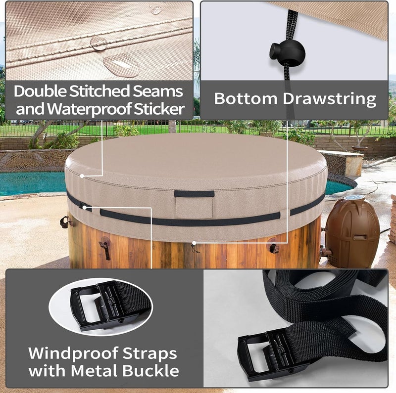 AKEfit Round Hot Tub Cover, 600D Polyester Waterproof for Hot Tub, UV Protection & Windproof, 83''x 20'', Brown - Image 4